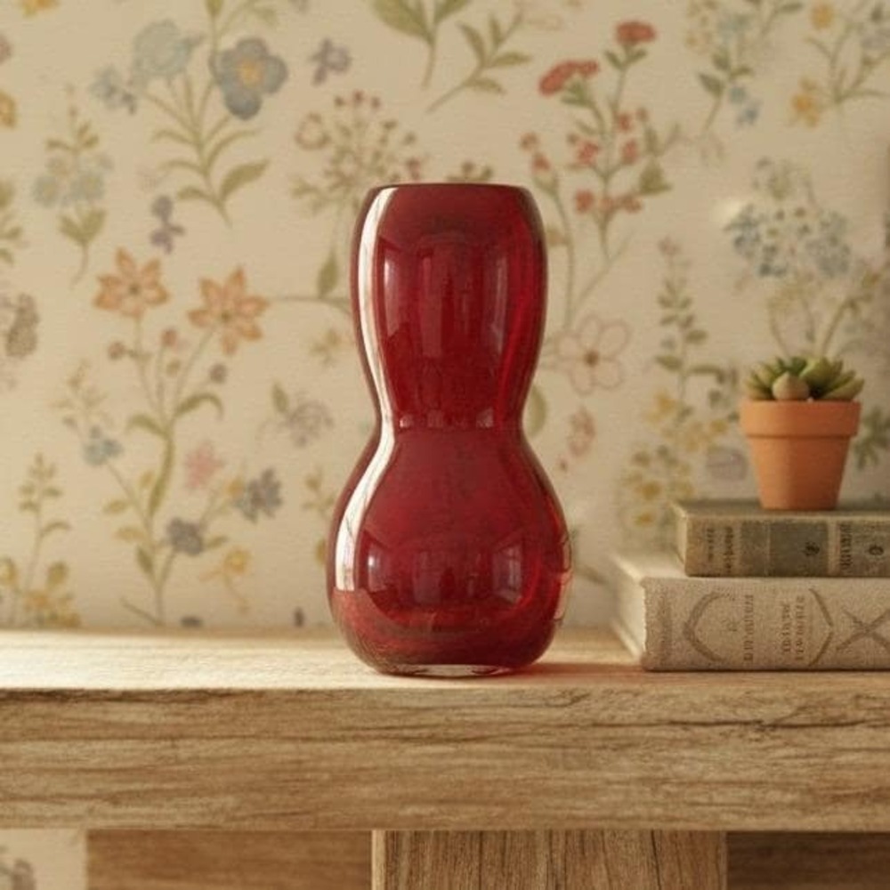 Hand-Blown Ruby Red Glass‎ Vase, Vintage Gourd Shape Flower Holder, Centerpiece